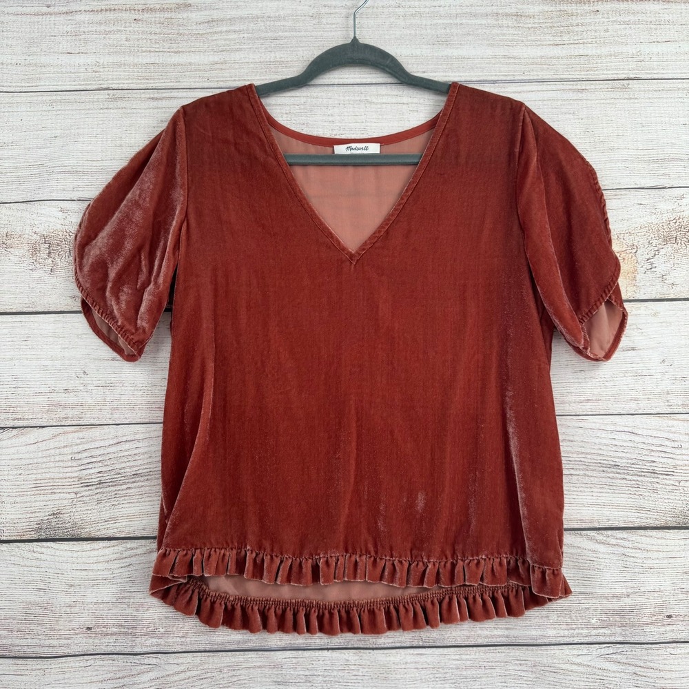 Madewell Velvet Ruffle Hem Top Women M Rust Orange V-Neck Puff Sleeve K5740